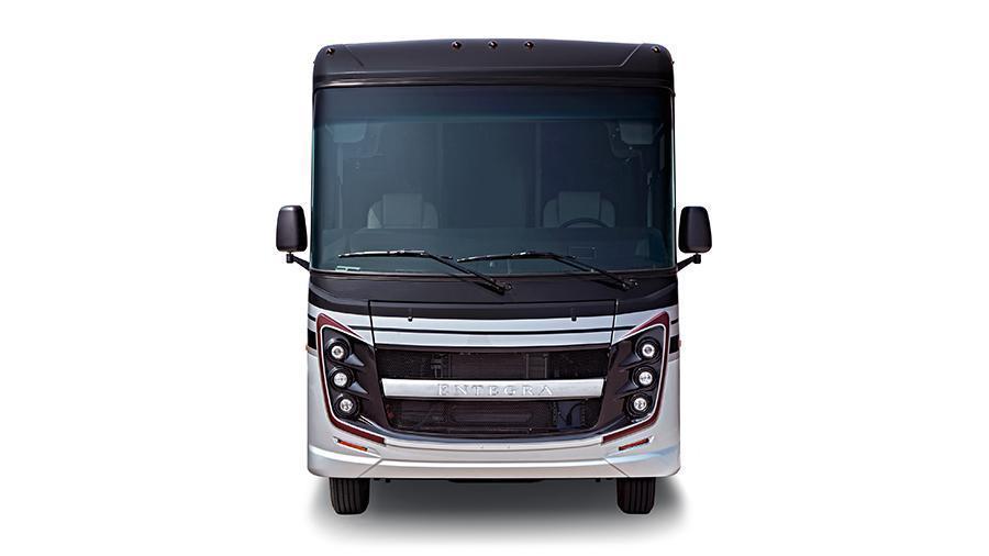 Emblem 36U Front Exterior | The Emblem 36U has a one-piece, seamless fiberglass front and rear cap and panoramic windshield. 