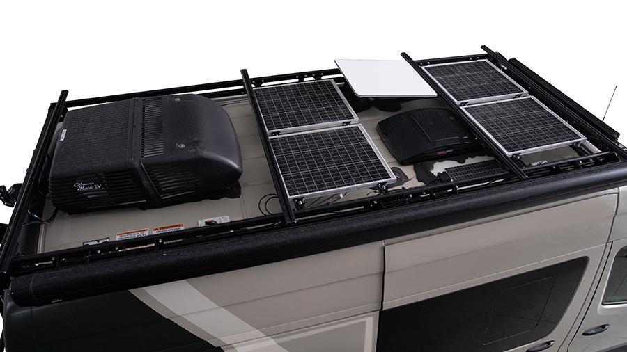 Launch 19Y Roof | Not as visible but just as impressive, the roof of the Launch 19Y has a 13,500 BTU 48V Coleman-Mach 10 air conditioner, double roof rack and 200W of roof-mounted solar panels.