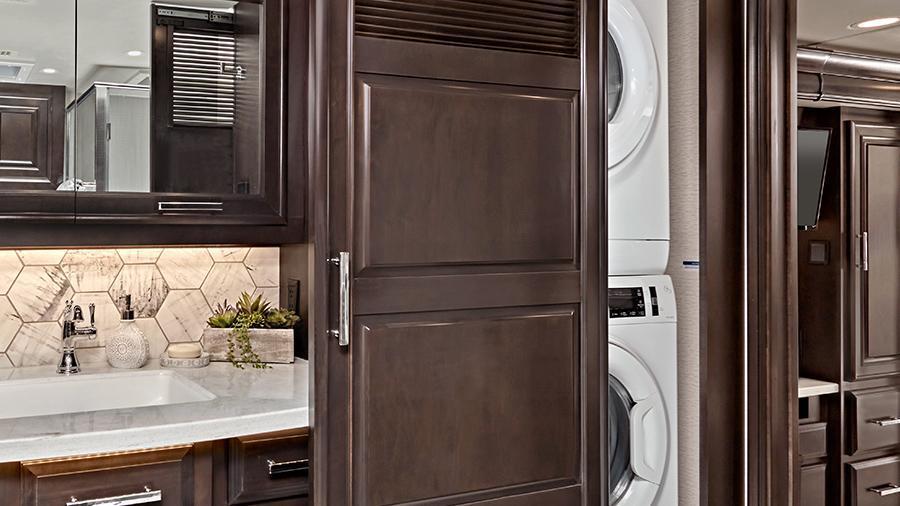 Anthem 44W Stackable Washer and Dryer | Enjoy the added luxury of being able to wash your clothes on the road in the Anthem 44W with the stackable, separate washer and dryer. 