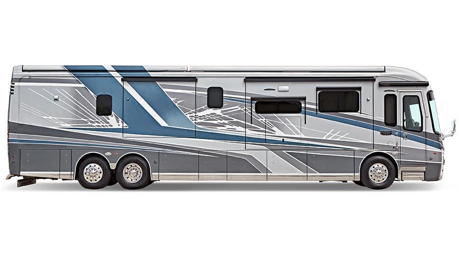 Cornerstone 45D Profile | Choose from multiple exterior graphics and Sikkens custom full-body paint options on the Cornerstone, such as Coral Reef (Shown). The coach has a Girard® power entrance door awning with LED lights, frameless dual-pane tinted safety-glass windows, a lit grab handle with doorbell, a porch light and motion sensor security lights and a keypad system for keyless entry. 