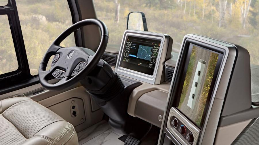 Cornerstone 45D Dashboard | The Cornerstone 45D dashboard also includes camera views from the Delta Mobile Systems aiDARS™ 1X active 360-degree surround view system with 14 smart radar sensors and 6 HD cameras displayed on the digital dash screen. 