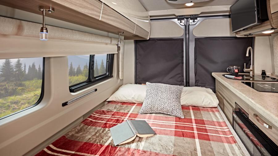 When the day is done you can simply fold down the 48-inch by 76-inch convertible sofa bed for an additional sleeping space in the Ethos 20D. Lower the night roller shades for extra privacy when you want to sleep.  