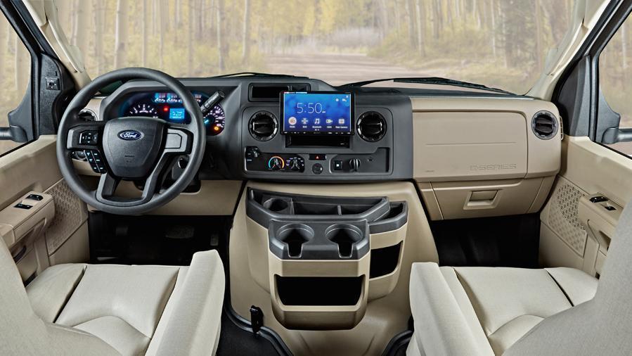 Odyssey 24B Dash | Enjoy driving in the Odyssey 24B Ford® cockpit with driver tools like Sony® infotainment center with Apple CarPlay™ and Android Auto™, backup and side-view cameras, remote-controlled side-view mirrors, hill start assist and cruise control. 